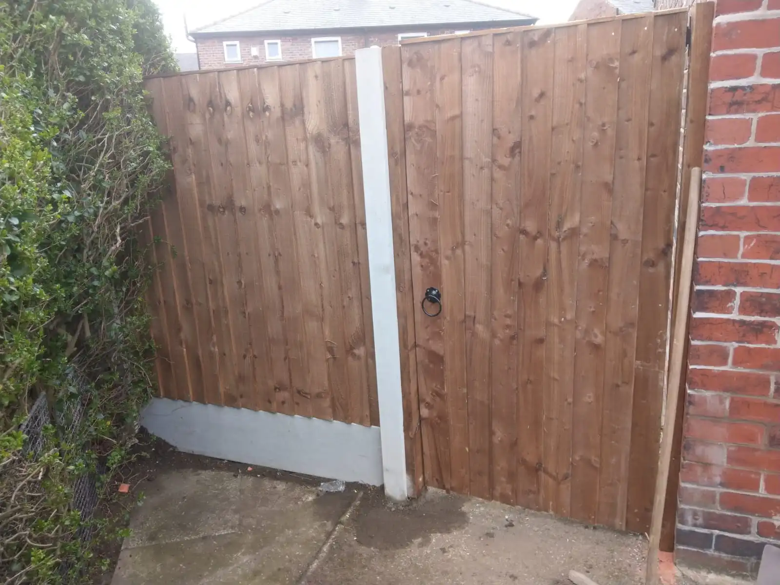 Garden gate and featherboard fencing with white concrete gravel board